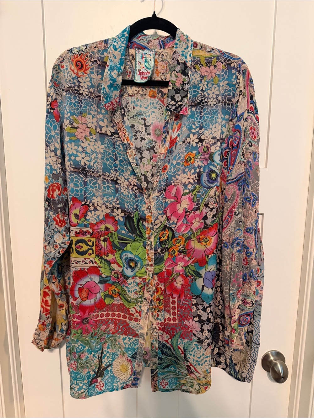 Johnny Was Vibrant Floral Patchwork Button-Down Blouse in Turquoise and Pink